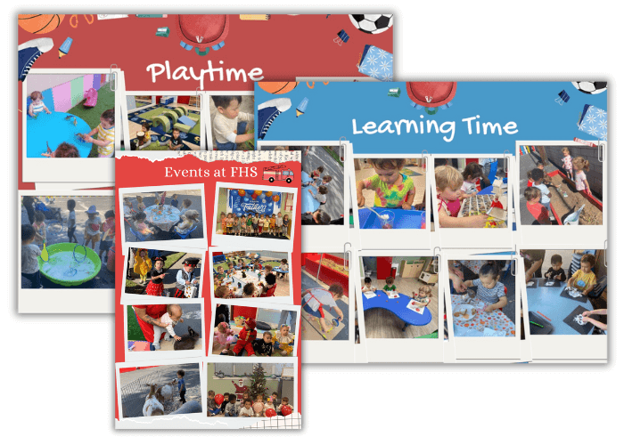 Collage of children at Firehouse School during playtime, learning activities, and special events.